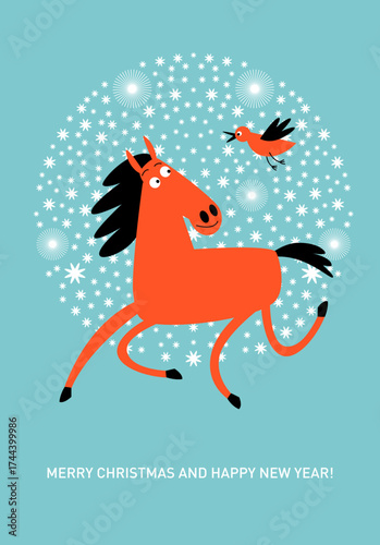 Cute cartoon dancing red horse with bird, New Year greeting card for the year of the horse	
