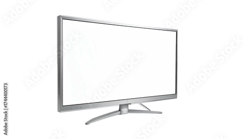 A modern, wide-screen display with a bright, empty white screen, angled slightly