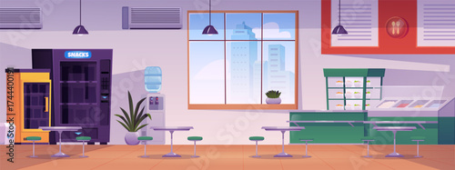 School cafeteria interior, with tables, chairs, freezers, display cases, food.
