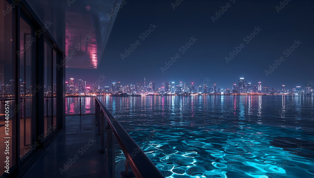 Obraz premium city lights mirrored along cruise ship deck over calm nocturnal water
