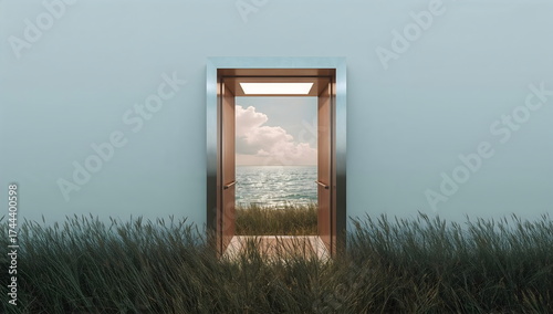 minimalist wooden doorway standing in coastal grass with distant sea view