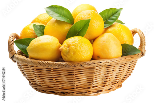 lemons in the rattan basket, cutout, PNG isolated on white or transparent background