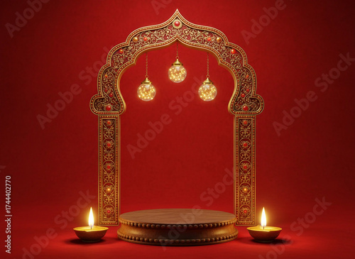 Diwali diya decorations podium stunning in the red background © PictoAi