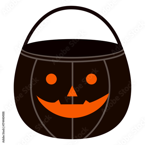 Black empty Halloween pumpkin bucket with a smiling jack o lantern face. Perfect for trick or treat, kids holiday decorations, party invitations, autumn celebration graphics and seasonal crafts.