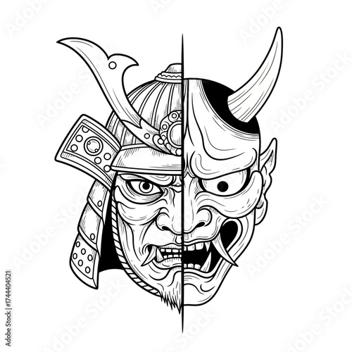 Duality of Warrior and Demon – Samurai and Hannya Half Mask Art
