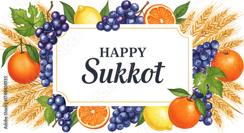 Festive fruits and grains for Sukkot celebration background, greeting card  