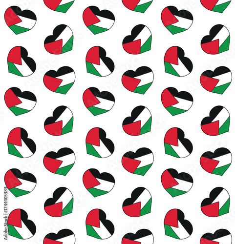 Vector seamless pattern of hand drawn Palestine flag heart isolated on white background