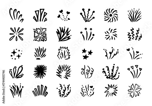 Doodle Firework Burst Big Vector Set, Hand Drawn Sparkle Explosion, Cartoon Starburst Elements, Comic Flash Light, Festive Celebration Sparkling Line Icons, Abstract Decorative Twinkle Stars and