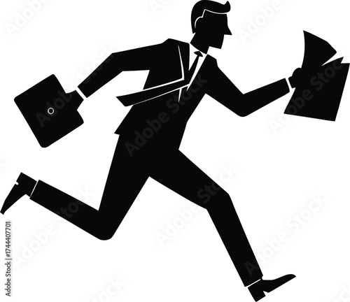 Businessman Running Late With Papers Silhouette | Office Hustle Vector Illustration