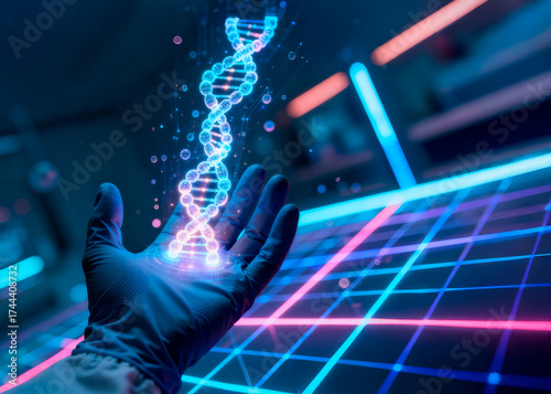 detalhe de mão com cromossomos e dna projetado com hologramas em laboratório do futuro