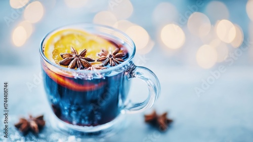 Fototapeta Naklejka Na Ścianę i Meble -  Warm spiced beverage with citrus and star anise on a festive background