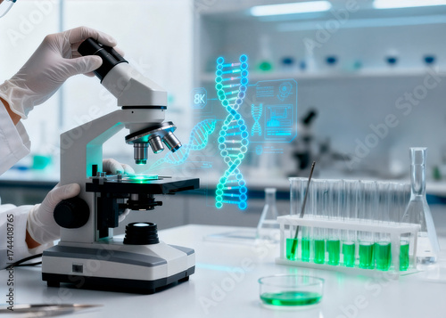 Cientista analisando moléculas no microscópio, dna, cromossomos