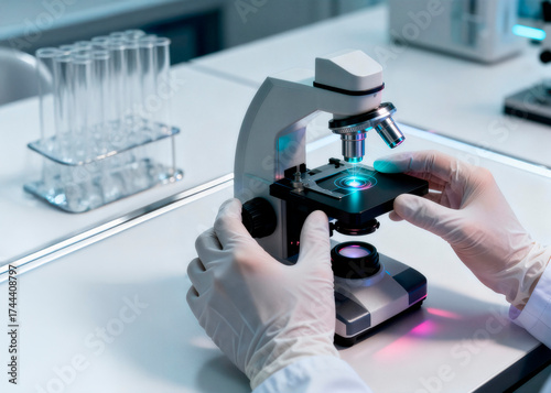 Cientista analisando moléculas no microscópio, dna, cromossomos