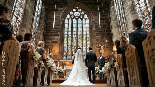 A couple exchanges vows in a beautiful church setting.