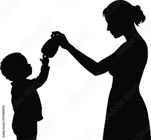 Mom Giving Baby Bottle Silhouette | Infant Care Vector Illustration