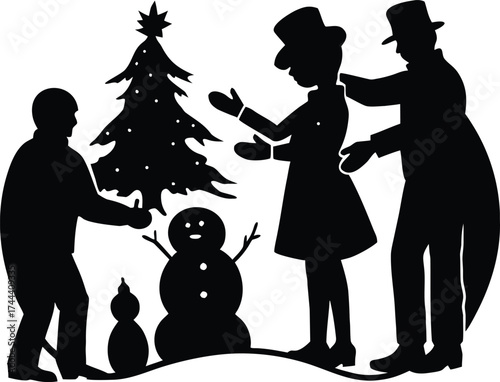 Parents And Kids Making Snowman Silhouette | Winter Fun Vector Design