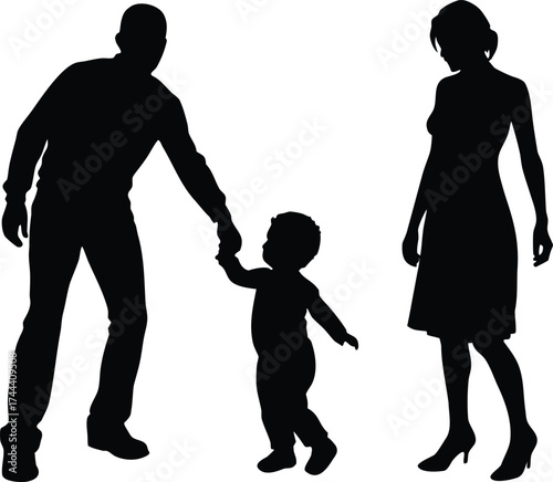 Parents Watching Child S First Steps Silhouette | Childhood Milestone Vector Illustration