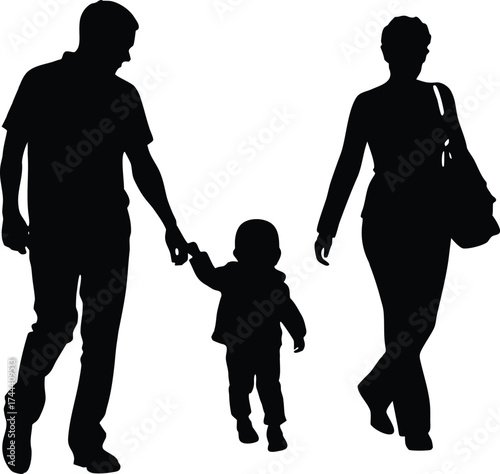 Parents Walking With Toddler Silhouette | Family Outing Vector Design