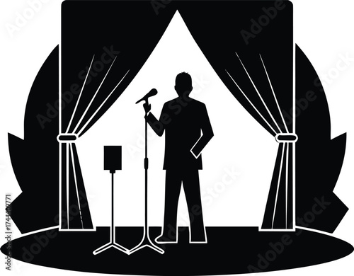 Speaker On Stage With Microphone Silhouette | Public Speaking Vector Illustration