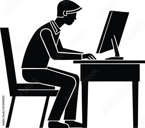 Worker Typing Fast At Desk Silhouette | Productivity Vector Illustration