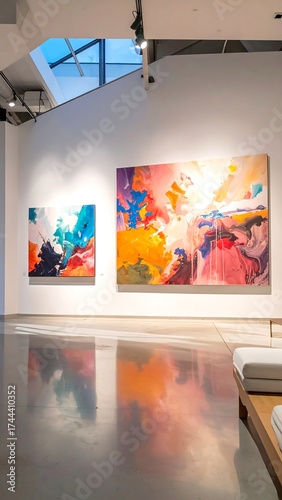Art gallery with colorful abstract paintings