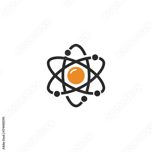 Modern Minimalist Atom Structure Vector Illustration with Vivid Orange Nucleus and Black Orbits