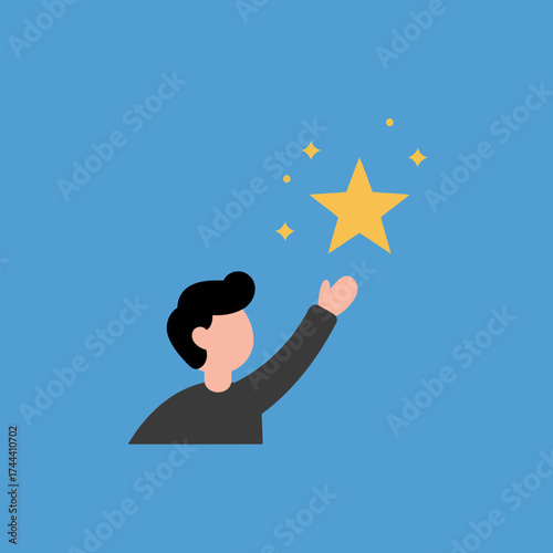 Minimalist Flat Design Vector Illustration of a Person Reaching Upwards for a Golden Star, Symbolizing Aspiration and Achievement