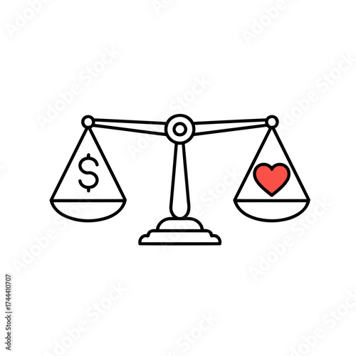 Money vs. Love Balance Scale Equilibrium Vector Illustration in Minimalist Line Art Style
