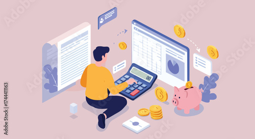 3D Isometric Vector: Man Calculating Personal Finance Budget and Savings with Spreadsheet