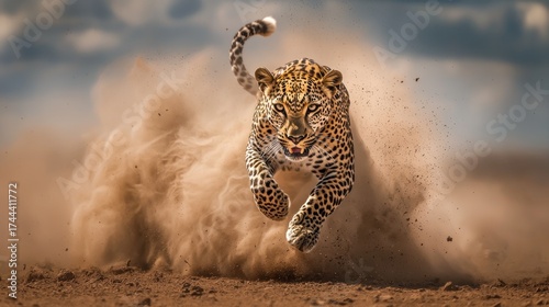 Leopard runs swiftly through dusty terrain in a dramatic chase under a bright blue sky