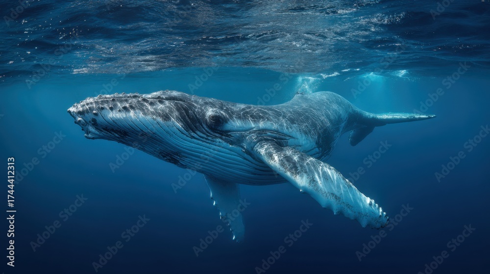 Naklejka premium A whale is swimming in the ocean. The whale is large and has a long tail. The water is blue and clear