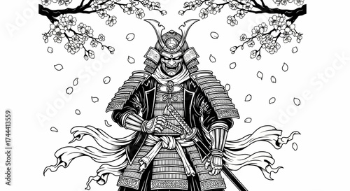 Fierce Japanese Samurai Warrior in Armor Under Falling Cherry Blossoms Line Art