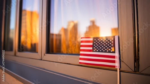 American flag in window reflecting city skyline at sunset