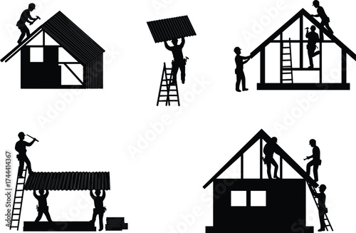 Construction workers building house, teamwork on roof, framing structure, installing corrugated sheet, residential development, silhouette illustration, labor, architecture, teamwork