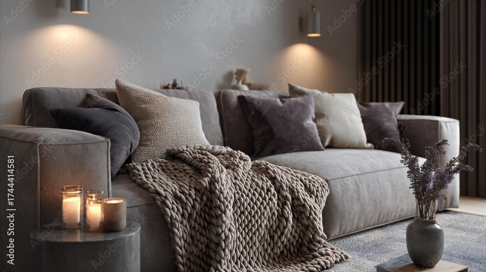 Fototapeta premium Cozy living room scene featuring a plush gray sofa adorned with decorative pillows, a knitted blanket, candles, and a vase of lavender creating a warm, inviting atmosphere