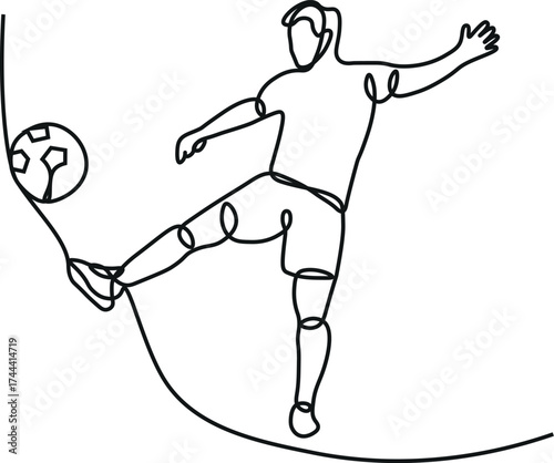 Single one line drawing football player kicking ball. Special uniform on joiner flat style. Footballer score goal. Soccer sport and team game concept. Continuous line draw design vector illustration