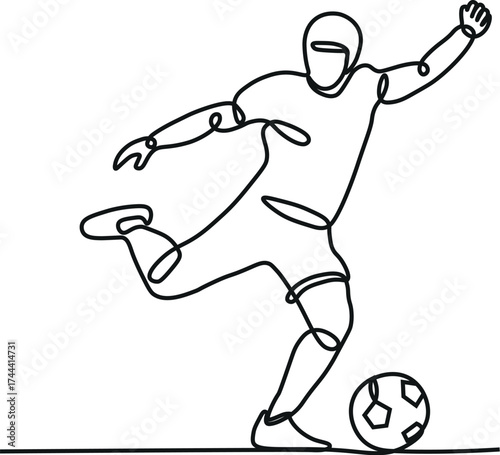 Single one line drawing football player kicking ball. Special uniform on joiner flat style. Footballer score goal. Soccer sport and team game concept. Continuous line draw design vector illustration