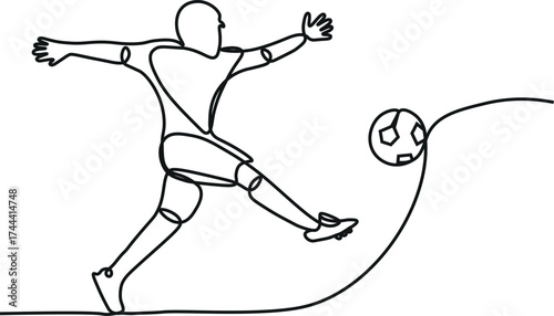 Single one line drawing football player kicking ball. Special uniform on joiner flat style. Footballer score goal. Soccer sport and team game concept. Continuous line draw design vector illustration