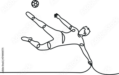 Single one line drawing football player kicking ball. Special uniform on joiner flat style. Footballer score goal. Soccer sport and team game concept. Continuous line draw design vector illustration