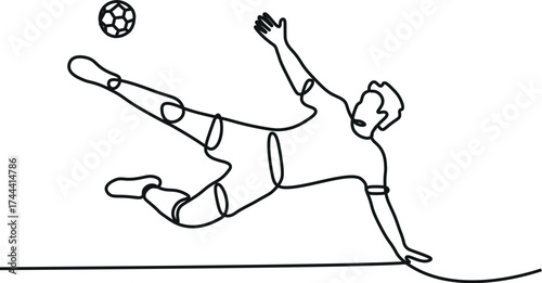 Single one line drawing football player kicking ball. Special uniform on joiner flat style. Footballer score goal. Soccer sport and team game concept. Continuous line draw design vector illustration