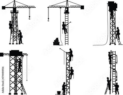 Construction workers climbing cranes, industrial teamwork silhouettes, tower crane maintenance, safety gear, urban development, heavy machinery, labor force, engineering effort