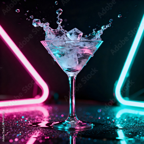Vibrant cocktail splash with ice cubes in martini glass under neon pink and blue lights, luxury nightlife party drink concept photography