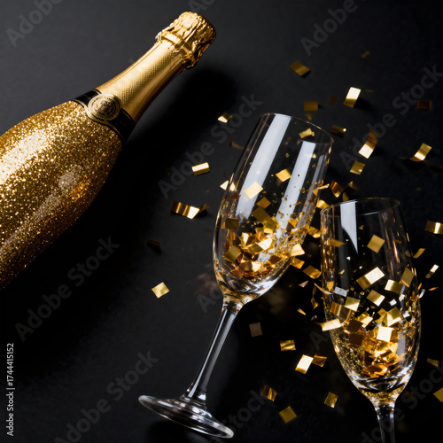 Luxury champagne celebration with golden glitter bottle and sparkling confetti in elegant crystal glasses on dark festive background