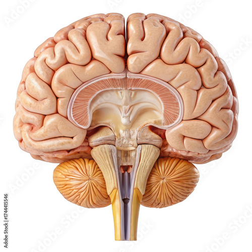 Human brain model isolated on transparent background showing anatomy and structure