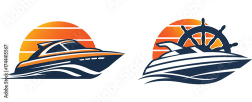 Yachting and Boating Logo Collection with Modern Boat and Sunset Design
