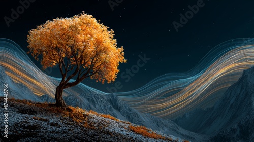Mountain tree: a silent witness to autumn's farewell and winter's arrival. Data streams. Serene mountain vista: a lone tree stands amid fall colors and first snow. Internet traffic.
