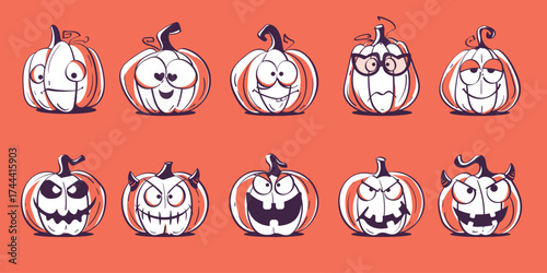 Set of cartoon pumpkins with different funny and spooky faces. Playful Halloween illustration featuring expressive characters perfect for party invitations, decorations, and festive projects.