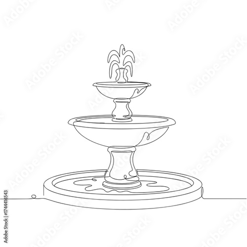 Minimalist architectural fountain photograph, designed in minimalist black ink on a transparent background for urban plaza banner