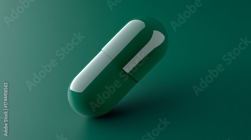 Encapsulated Medicine: A single, glossy, green capsule resting on a matching green surface. Minimalist composition for medical or pharmaceutical concepts.