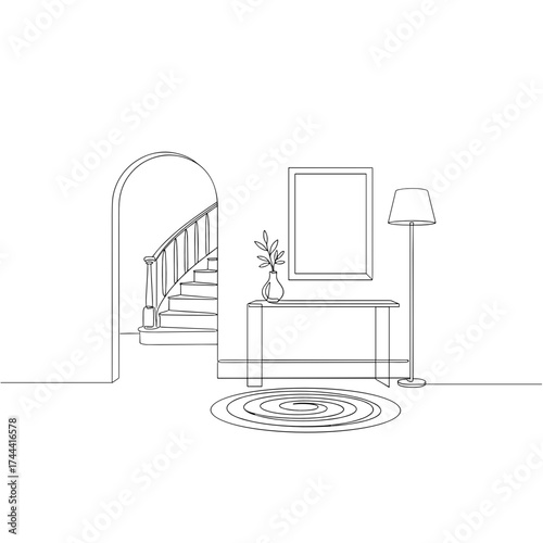 Modern hotel foyer interior minimalist designed in minimalist black ink on a transparent background for hospitality landing or brochure